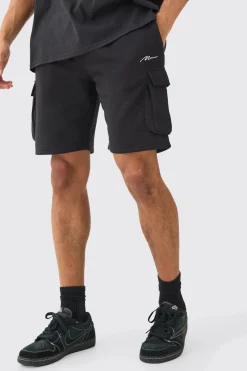 Man Signature Loose Fit Mid Length Cargo Short | BoohooMAN UK
