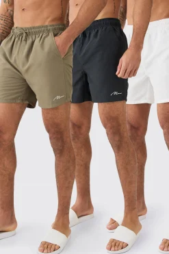 Man Signature Mid Length 3 Pack Swim Short | BoohooMAN UK