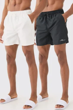 Man Signature Mid Length 2 Pack Swim Short | BoohooMAN UK