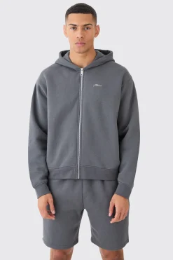 Man Signature Oversized Boxy Zip Thru Short Tracksuit | BoohooMAN UK