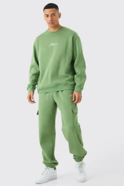 Man Signature Oversized Sweatshirt Cargo Tracksuit | BoohooMAN UK