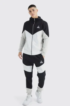Man Slim Funnel Hooded Colour Block Tracksuit | BoohooMAN UK