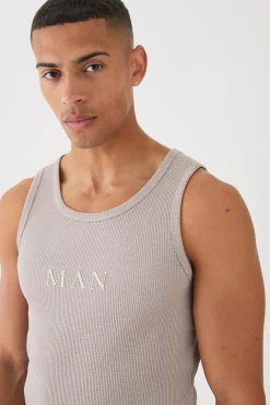 Man Slim Waffle High Build Print Vest | BoohooMAN UK