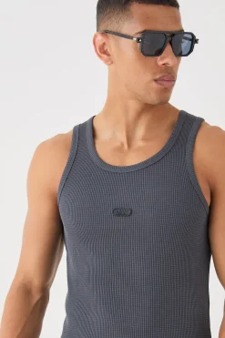 Man Slim Waffle Rubber Badge Vest | BoohooMAN UK