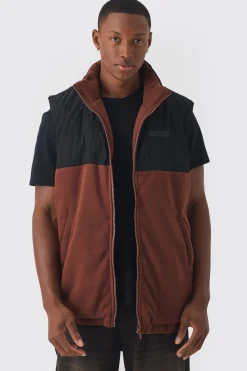 Man Tab Boxy Colour Block Fleece Gilet In Brown | BoohooMAN UK