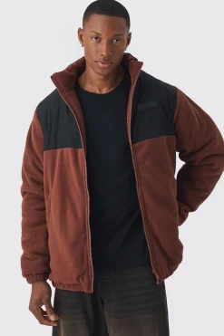 Man Tab Colour Block Fleece Jacket In Brown | BoohooMAN UK