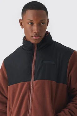 Man Tab Colour Block Fleece Jacket In Brown | BoohooMAN UK