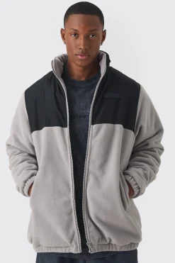Man Tab Colour Block Fleece Jacket In Grey | BoohooMAN UK