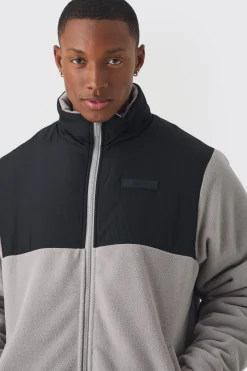 Man Tab Colour Block Fleece Jacket In Grey | BoohooMAN UK