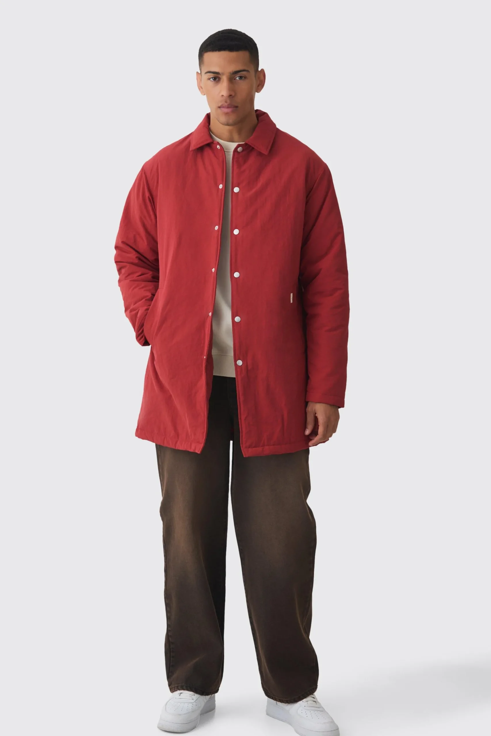Man Tab Crinkle Longline Mac In Rust | BoohooMAN UK