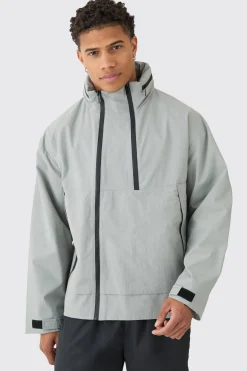Man Tab Oversized Zip Detail Nylon Windbreaker In Grey | BoohooMAN UK