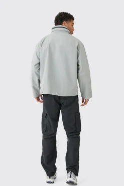 Man Tab Oversized Zip Detail Nylon Windbreaker In Grey | BoohooMAN UK