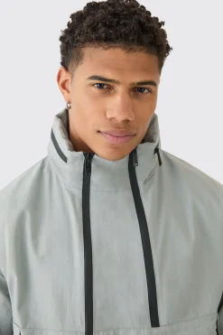 Man Tab Oversized Zip Detail Nylon Windbreaker In Grey | BoohooMAN UK