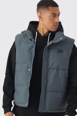 Man Tab Ripstop Funnel Neck Puffer Gilet In Slate | BoohooMAN UK