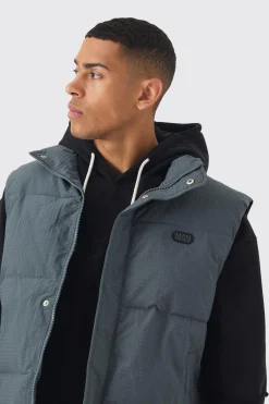 Man Tab Ripstop Funnel Neck Puffer Gilet In Slate | BoohooMAN UK