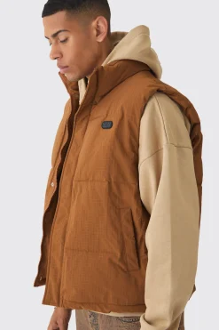 Man Tab Ripstop Funnel Neck Puffer Gilet In Tan | BoohooMAN UK