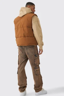 Man Tab Ripstop Funnel Neck Puffer Gilet In Tan | BoohooMAN UK