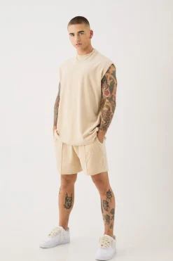 Man Velour Oversized Tank & Pintuck Shorts Set | BoohooMAN UK