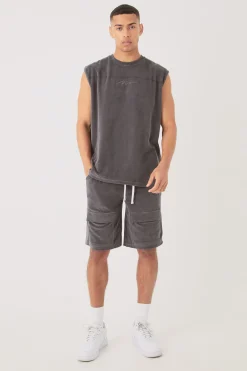 Man Velour Oversized Tank & Pocket Shorts Set | BoohooMAN UK