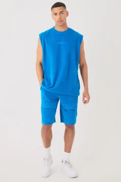 Man Velour Oversized Tank & Pocket Shorts Set | BoohooMAN UK