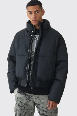 Matte PU Funnel Neck Puffer In Black | BoohooMAN UK