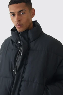Matte PU Funnel Neck Puffer In Black | BoohooMAN UK