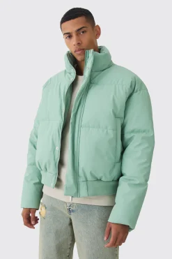 Matte PU Funnel Neck Puffer In Sage | BoohooMAN UK