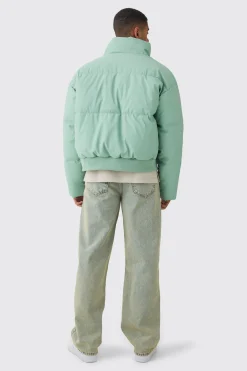 Matte PU Funnel Neck Puffer In Sage | BoohooMAN UK