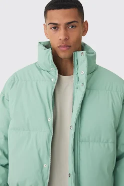 Matte PU Funnel Neck Puffer In Sage | BoohooMAN UK