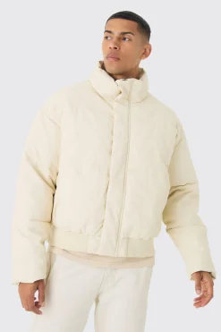 Matte Pu Funnel Neck Puffer In Stone | BoohooMAN UK