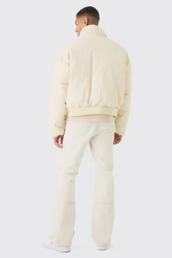 Matte Pu Funnel Neck Puffer In Stone | BoohooMAN UK