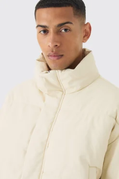 Matte Pu Funnel Neck Puffer In Stone | BoohooMAN UK