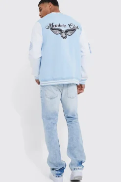 Members Club Applique Varsity Jacket | BoohooMAN UK