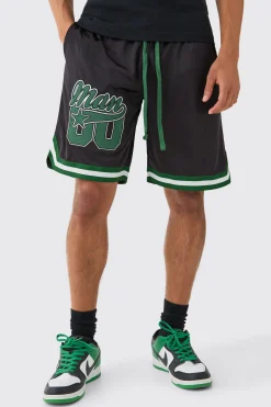 Mesh And Satin Applique Basketball Short | BoohooMAN UK