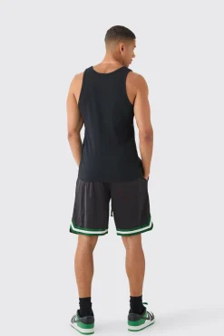 Mesh And Satin Applique Basketball Short | BoohooMAN UK