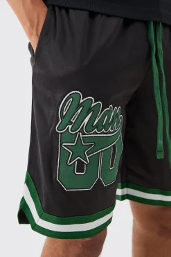 Mesh And Satin Applique Basketball Short | BoohooMAN UK