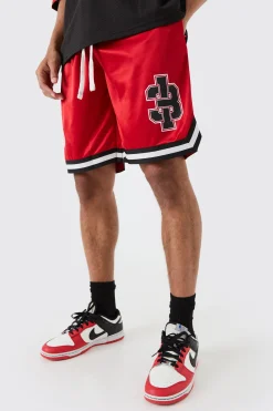 Mesh And Satin Applique Basketball Short | BoohooMAN UK
