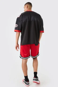 Mesh And Satin Applique Basketball Short | BoohooMAN UK