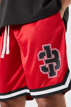 Mesh And Satin Applique Basketball Short | BoohooMAN UK
