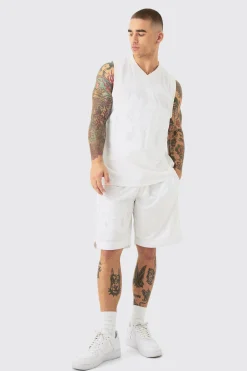 Mesh And Satin Basketball Applique Vest And Short Set | BoohooMAN UK