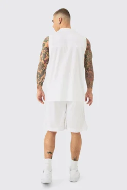 Mesh And Satin Basketball Applique Vest And Short Set | BoohooMAN UK