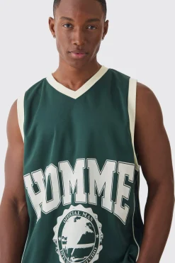 Mesh High Build Print & Side Panel Mesh Varsity Vest | BoohooMAN UK