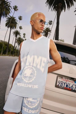 Mesh High Build Print & Side Panel Mesh Varsity Vest | BoohooMAN UK