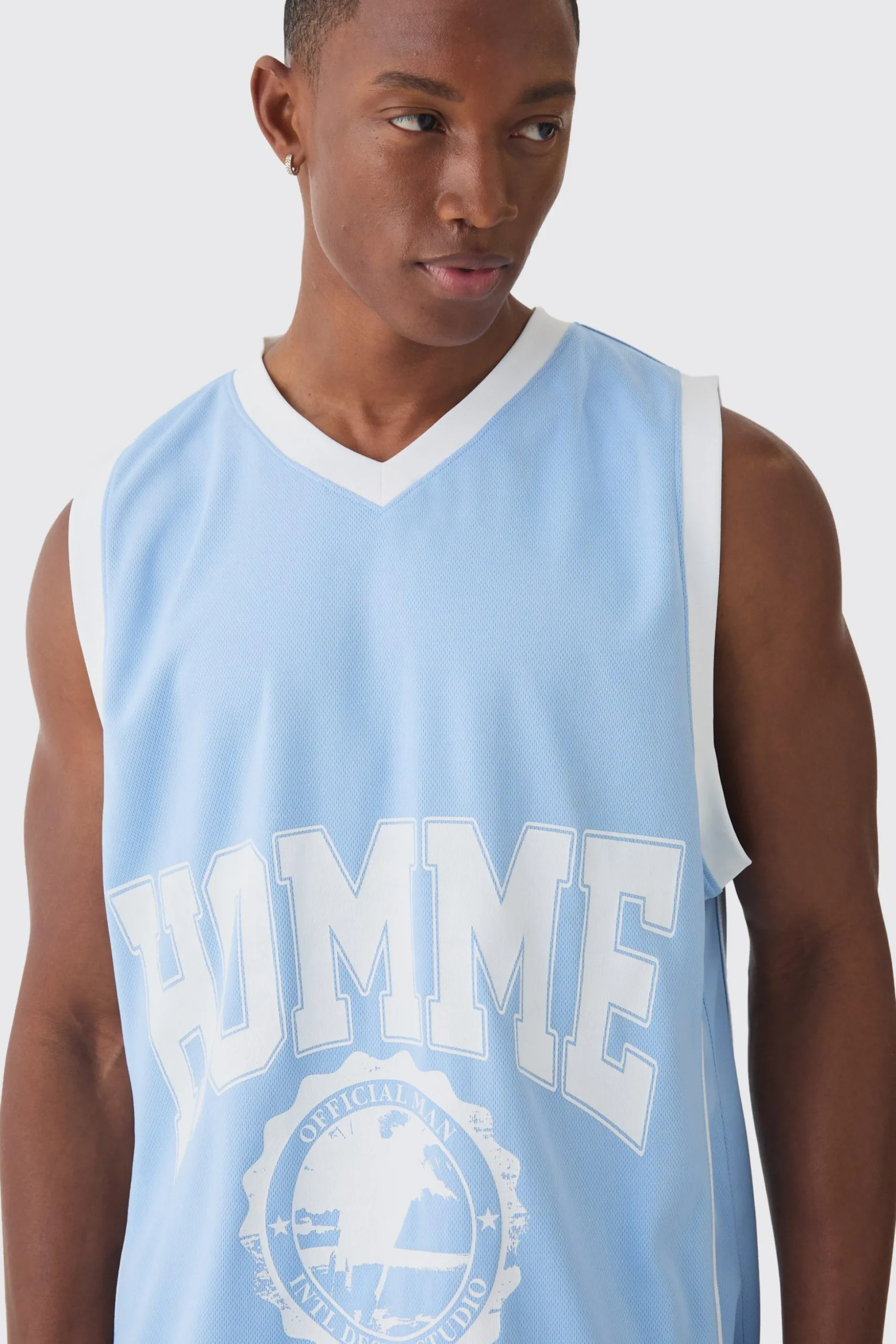 Mesh High Build Print & Side Panel Mesh Varsity Vest | BoohooMAN UK