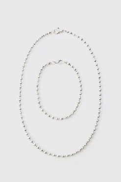 Metal Bead Necklace & Bracelet 2 Pack In Silver | BoohooMAN UK