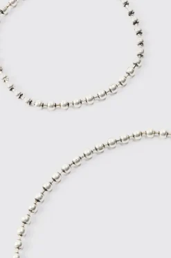 Metal Bead Necklace & Bracelet 2 Pack In Silver | BoohooMAN UK