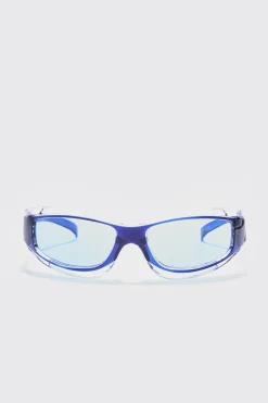 Metal Detail Sunglasses In Blue | BoohooMAN UK