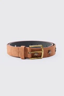 Metal Hardware Star Detail Belt In Brown | BoohooMAN UK