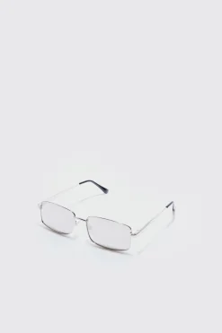 Metal Rectangular Sunglasses In Silver | BoohooMAN UK