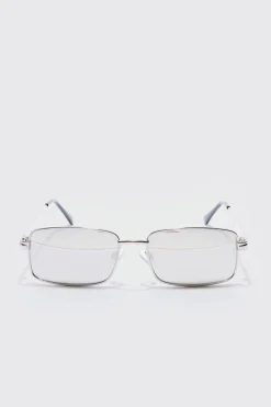 Metal Rectangular Sunglasses In Silver | BoohooMAN UK